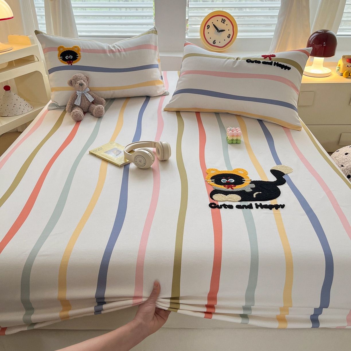 其奥家纺 2026春夏新款纯棉全棉老粗布床笠印花凉席 乖乖猫-彩条