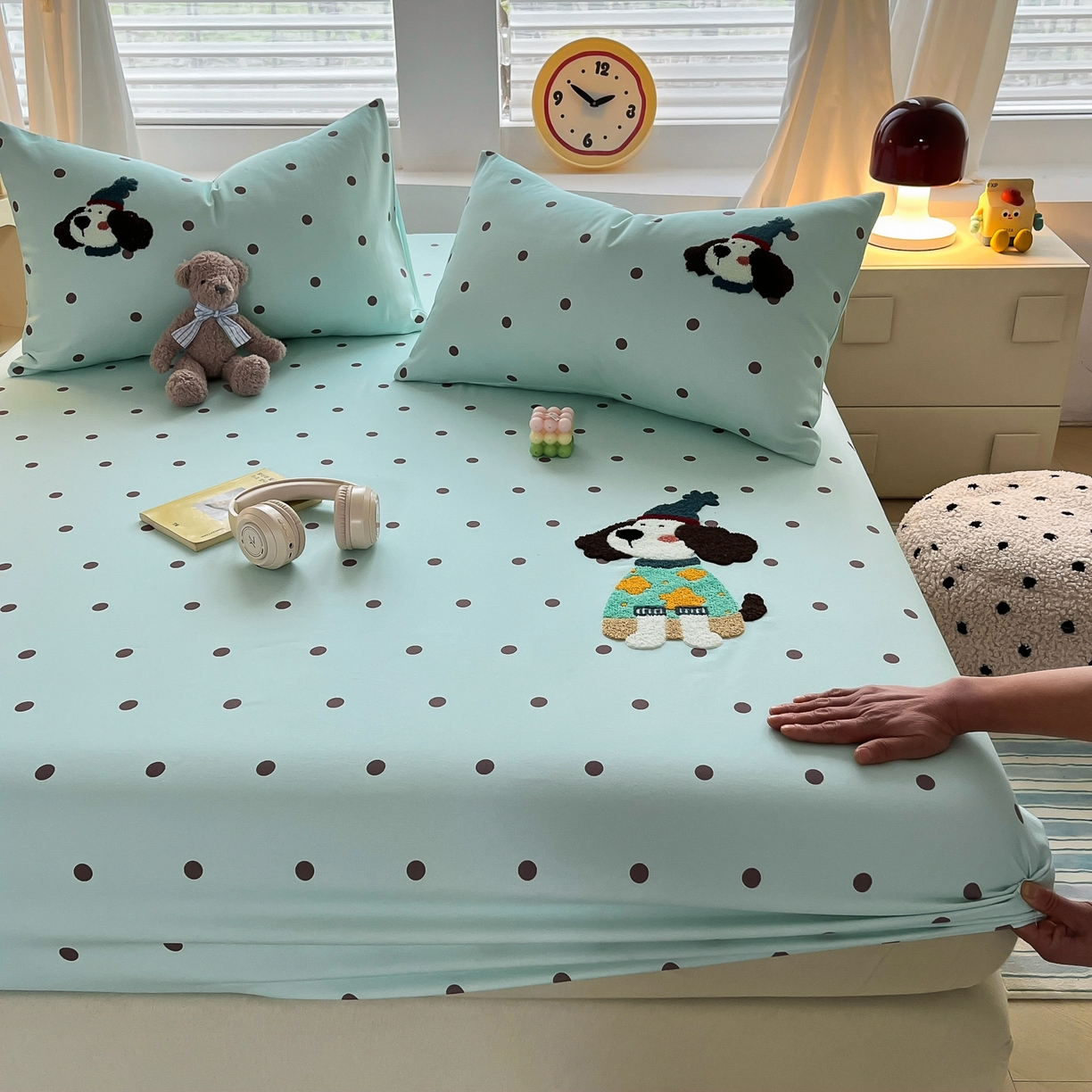 91家纺网 家纺一手货源 找家纺 其奥家纺 2026春夏新款纯棉全棉老粗布床笠印花凉席 欢乐狗-蓝黑点