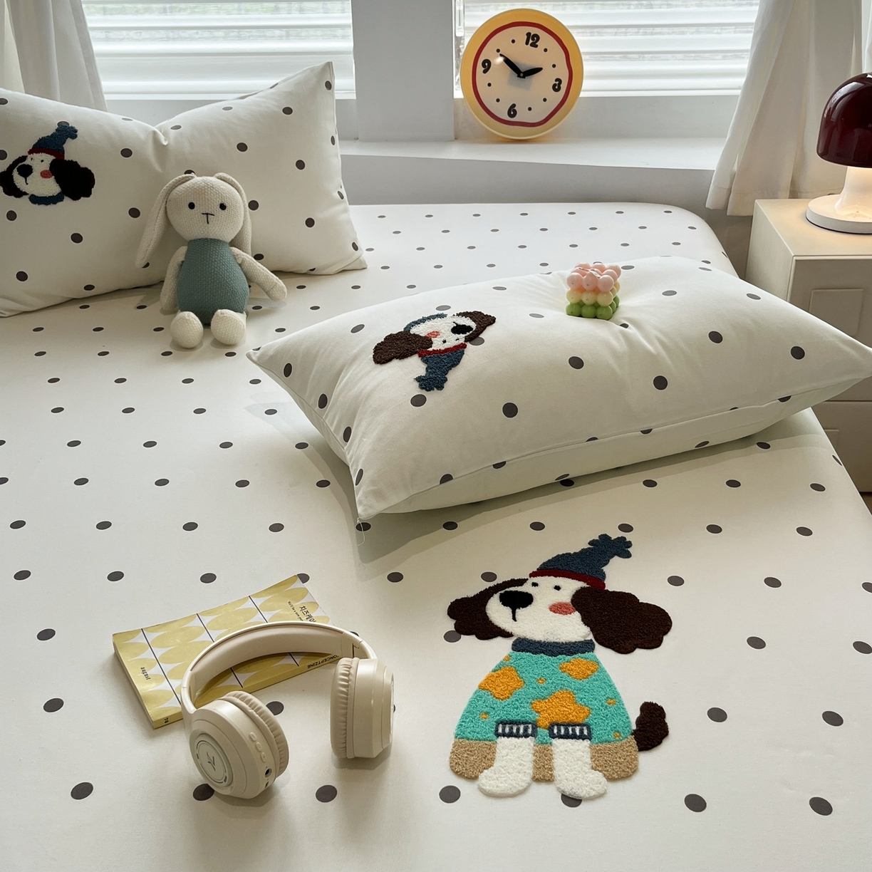 91家纺网 家纺一手货源 找家纺 其奥家纺 2026春夏新款纯棉全棉老粗布床笠印花凉席 欢乐狗-黑白点