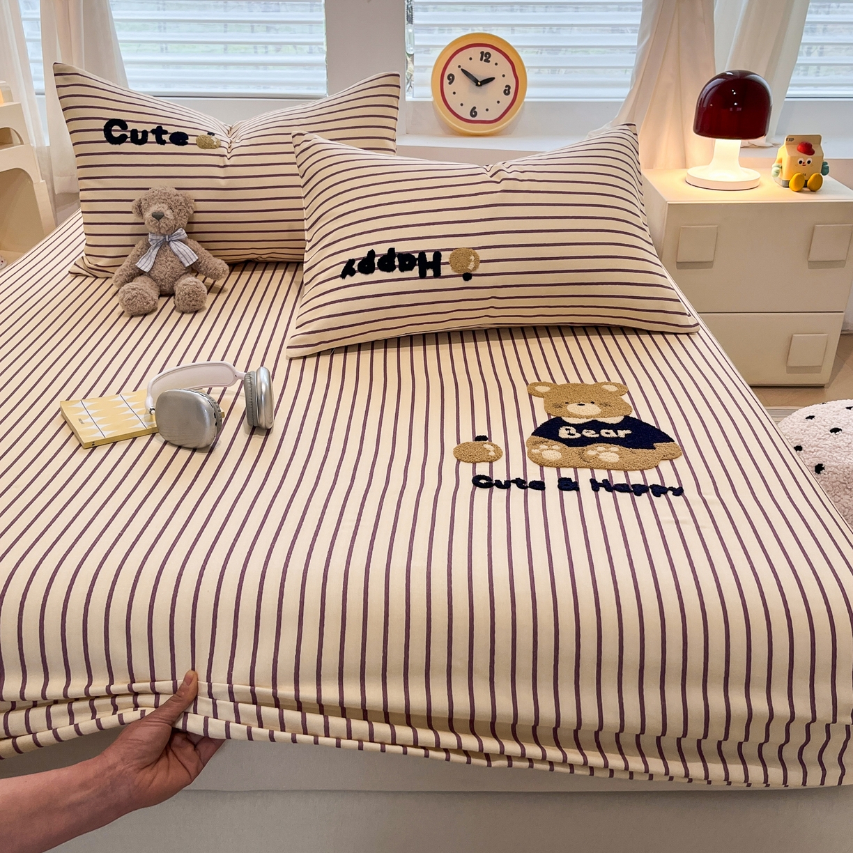 其奥家纺 2026春夏新款纯棉全棉老粗布床笠印花凉席 奇迹熊-细条