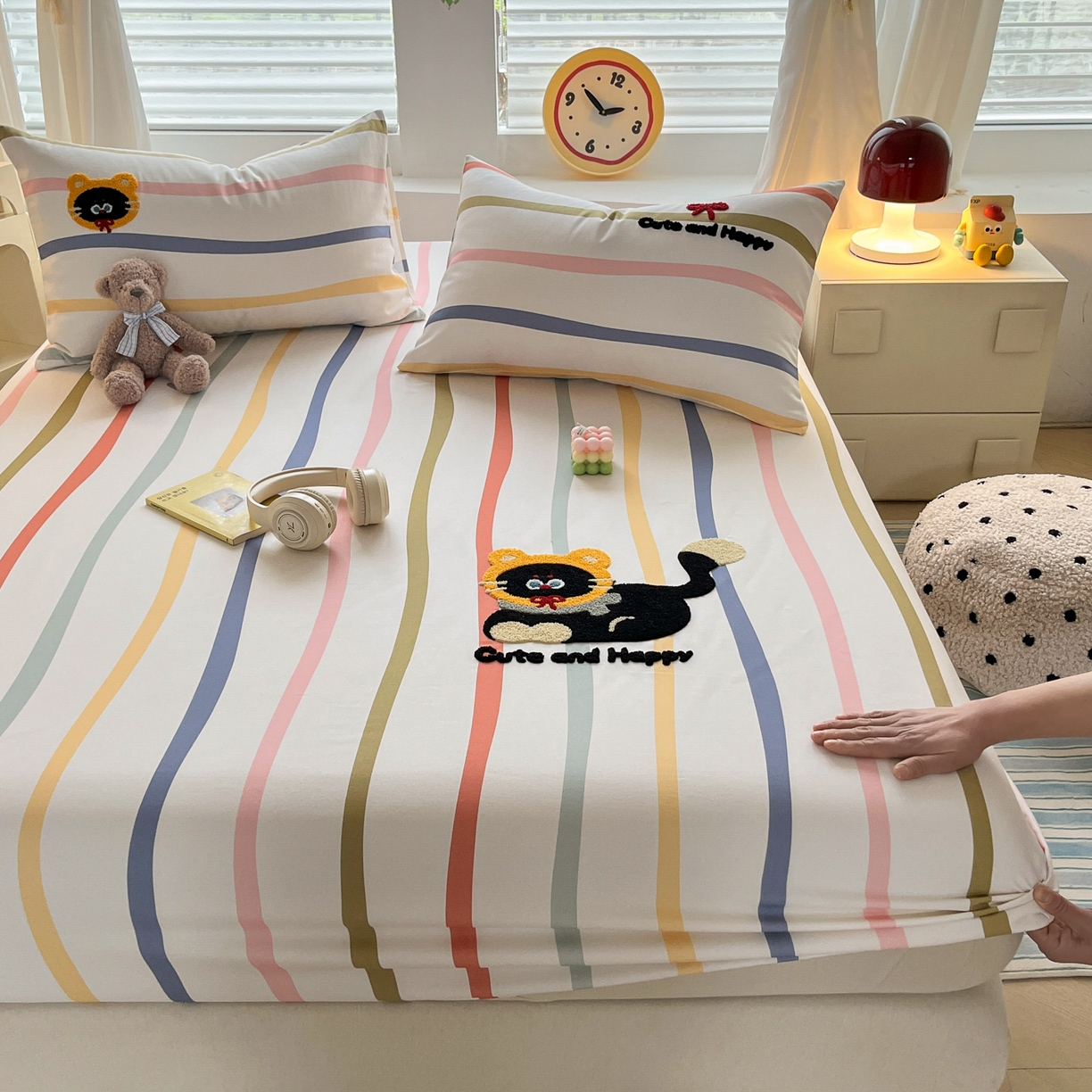 91家纺网 家纺一手货源 找家纺 其奥家纺 2026春夏新款纯棉全棉老粗布床笠印花凉席 乖乖猫-彩条