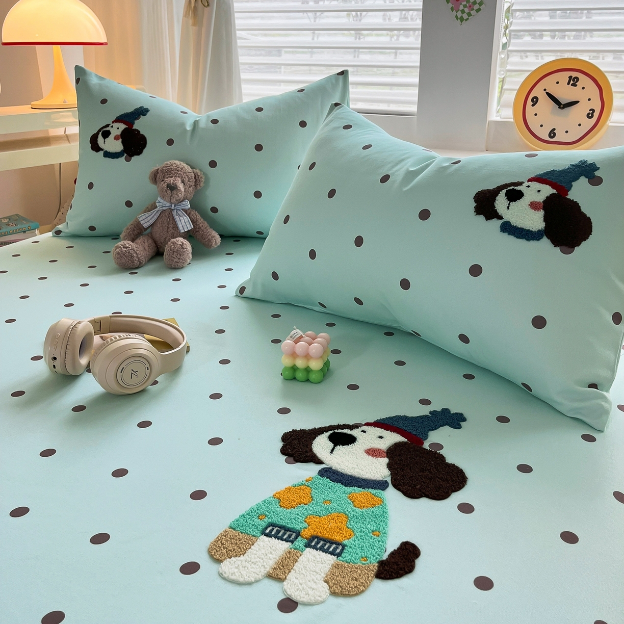 91家纺网 家纺一手货源 找家纺 其奥家纺 2026春夏新款纯棉全棉老粗布床笠印花凉席 欢乐狗-蓝黑点