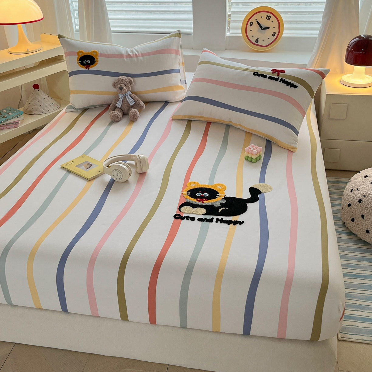 91家纺网 家纺一手货源 找家纺 其奥家纺 2026春夏新款纯棉全棉老粗布床笠印花凉席 乖乖猫-彩条