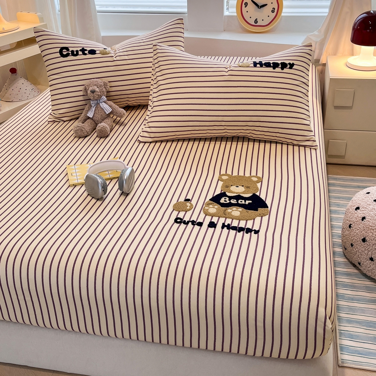 91家纺网 家纺一手货源 找家纺 其奥家纺 2026春夏新款纯棉全棉老粗布床笠印花凉席 奇迹熊-细条