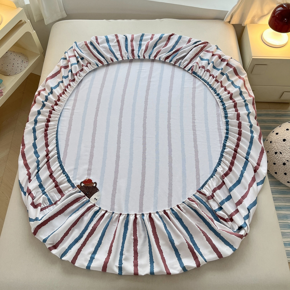 91家纺网 家纺一手货源 找家纺 其奥家纺 2026春夏新款纯棉全棉老粗布床笠印花凉席 小马奔奔-条纹