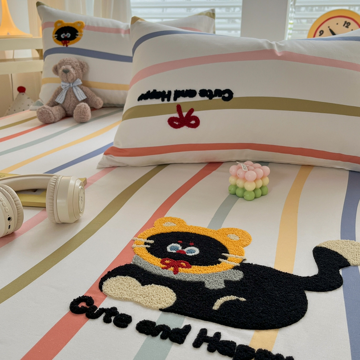 91家纺网 家纺一手货源 找家纺 其奥家纺 2026春夏新款纯棉全棉老粗布床笠印花凉席 乖乖猫-彩条