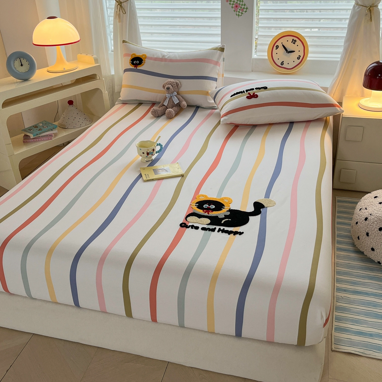 91家纺网 家纺一手货源 找家纺 其奥家纺 2026春夏新款纯棉全棉老粗布床笠印花凉席 乖乖猫-彩条