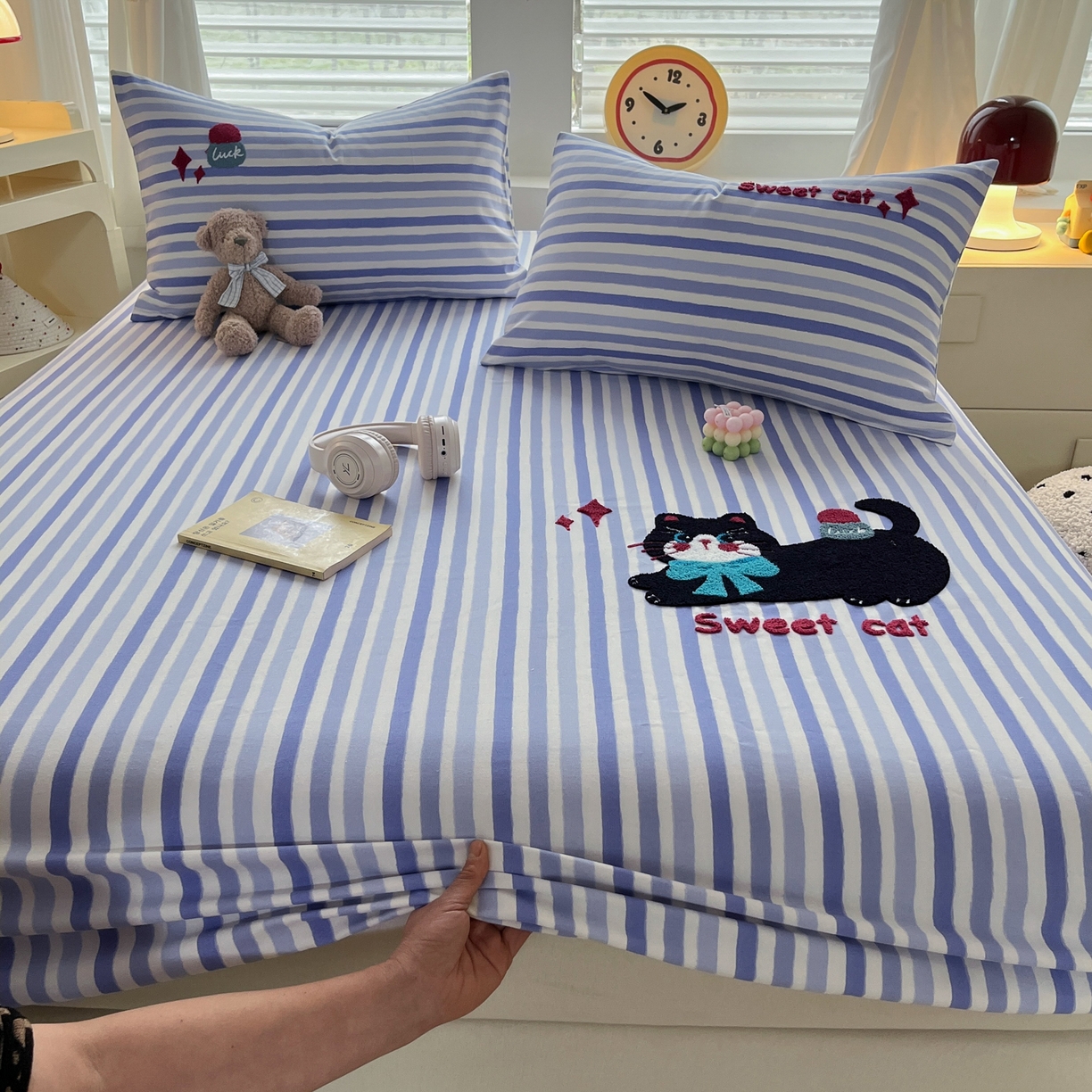 其奥家纺 2026春夏新款纯棉全棉老粗布床笠印花凉席 甜心小猫-蓝条