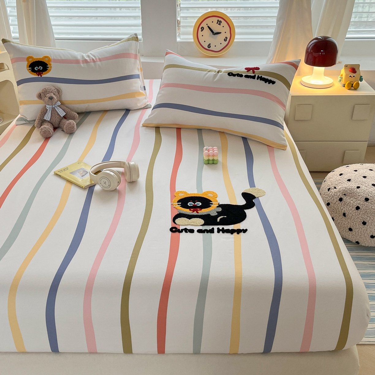 91家纺网 家纺一手货源 找家纺 其奥家纺 2026春夏新款纯棉全棉老粗布床笠印花凉席 乖乖猫-彩条