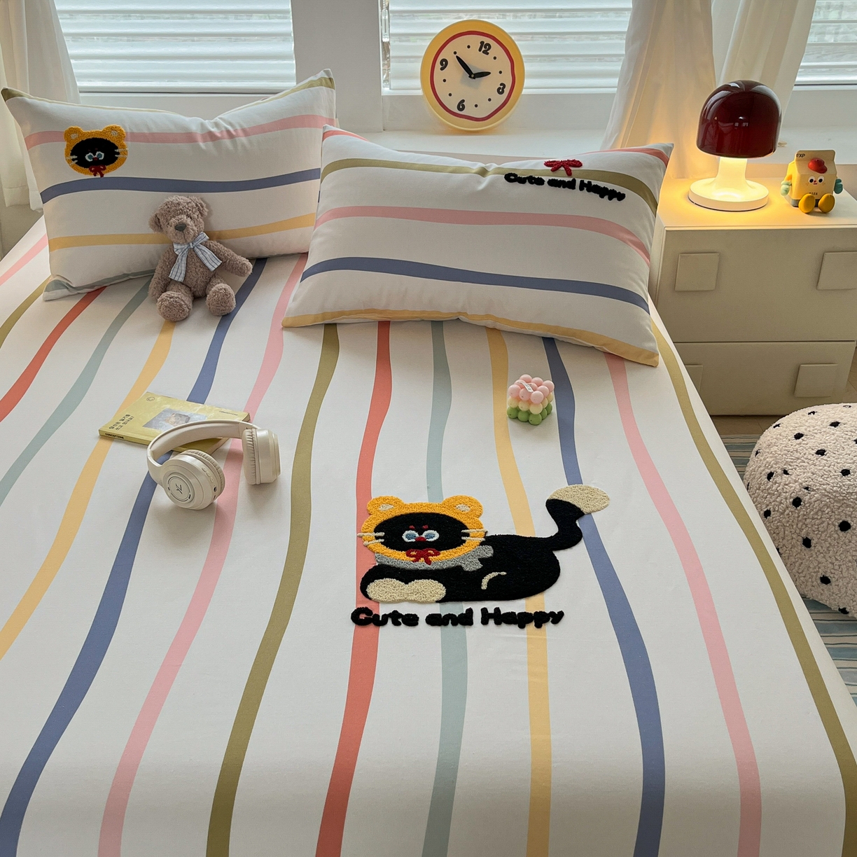 91家纺网 家纺一手货源 找家纺 其奥家纺 2026春夏新款纯棉全棉老粗布床笠印花凉席 乖乖猫-彩条