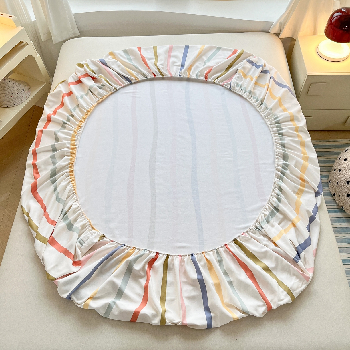 91家纺网 家纺一手货源 找家纺 其奥家纺 2026春夏新款纯棉全棉老粗布床笠印花凉席 乖乖猫-彩条