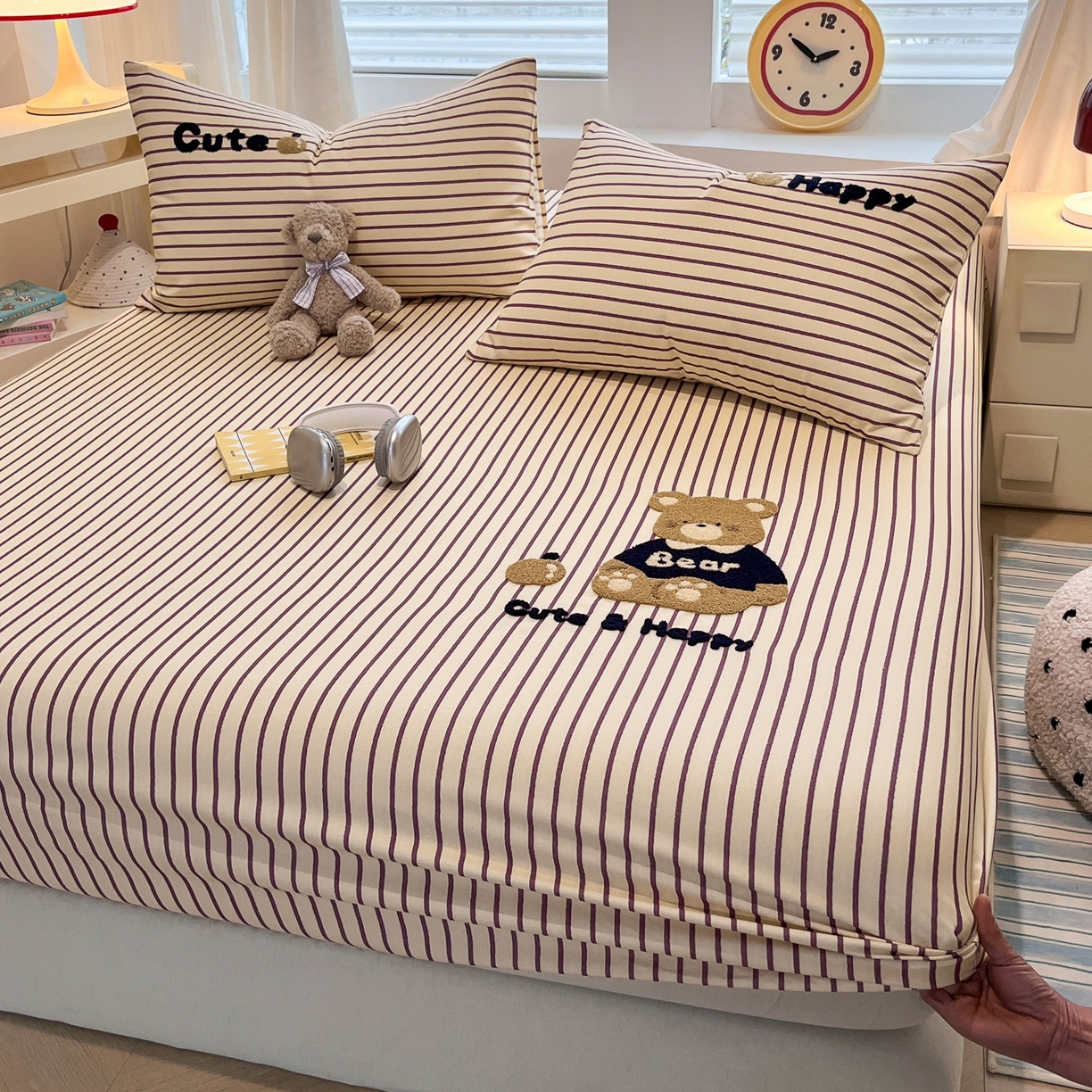 91家纺网 家纺一手货源 找家纺 其奥家纺 2026春夏新款纯棉全棉老粗布床笠印花凉席 奇迹熊-细条