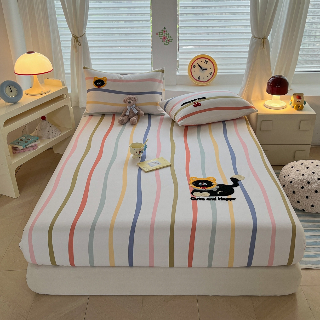 91家纺网 家纺一手货源 找家纺 其奥家纺 2026春夏新款纯棉全棉老粗布床笠印花凉席 乖乖猫-彩条