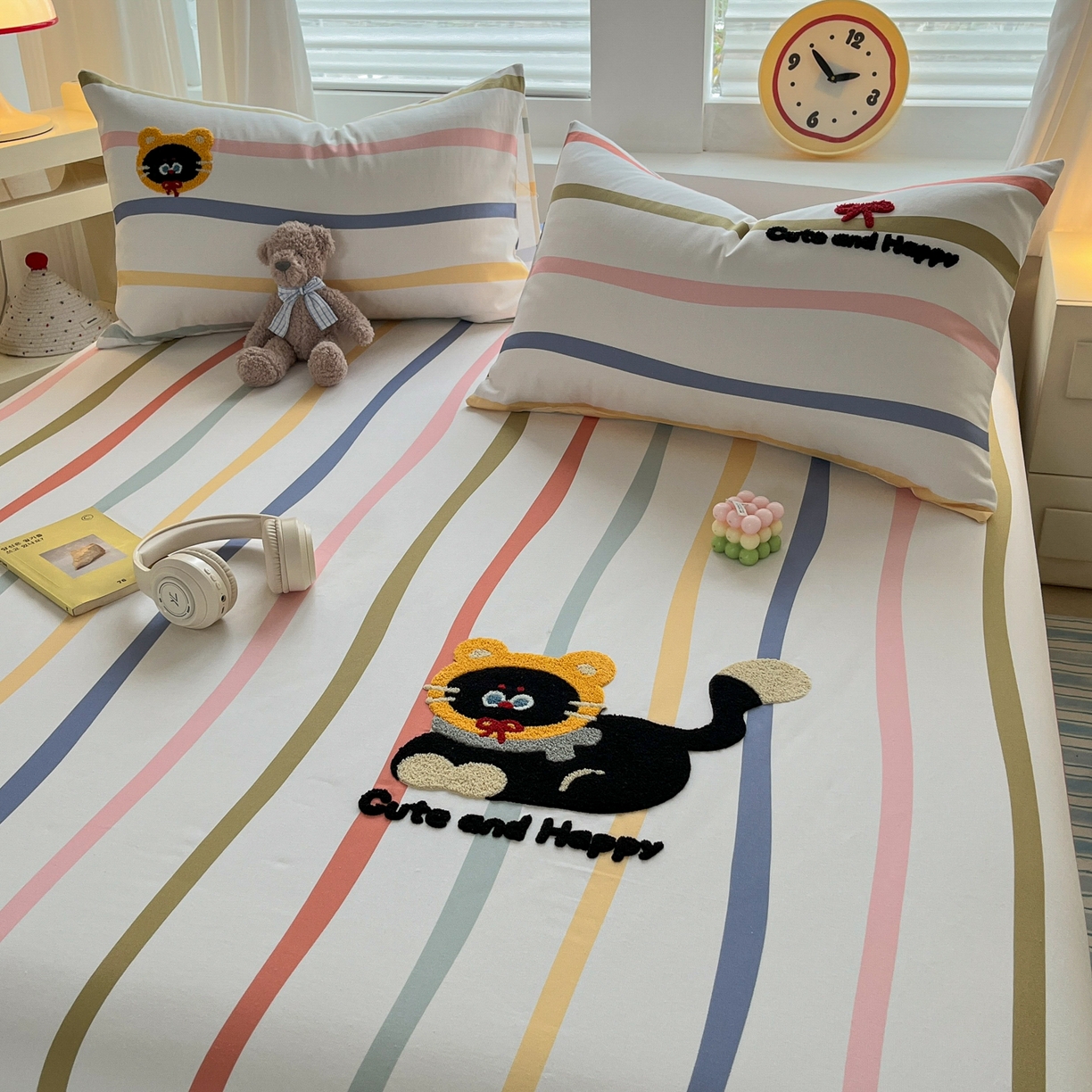 91家纺网 家纺一手货源 找家纺 其奥家纺 2026春夏新款纯棉全棉老粗布床笠印花凉席 乖乖猫-彩条