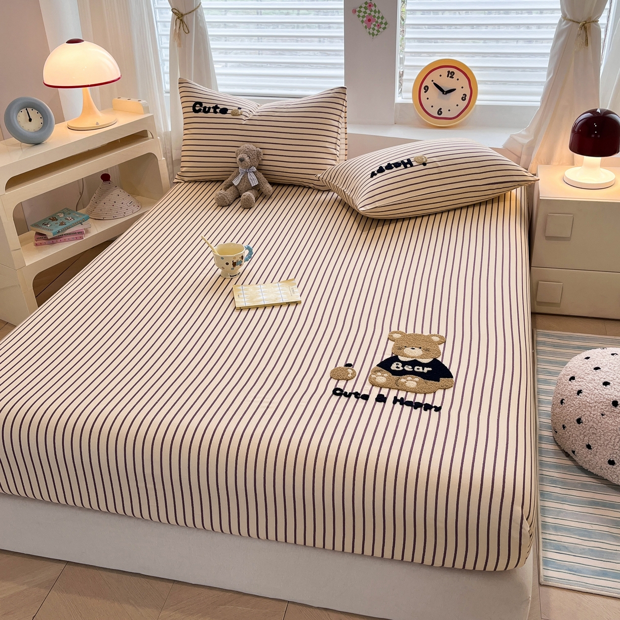 91家纺网 家纺一手货源 找家纺 其奥家纺 2026春夏新款纯棉全棉老粗布床笠印花凉席 奇迹熊-细条