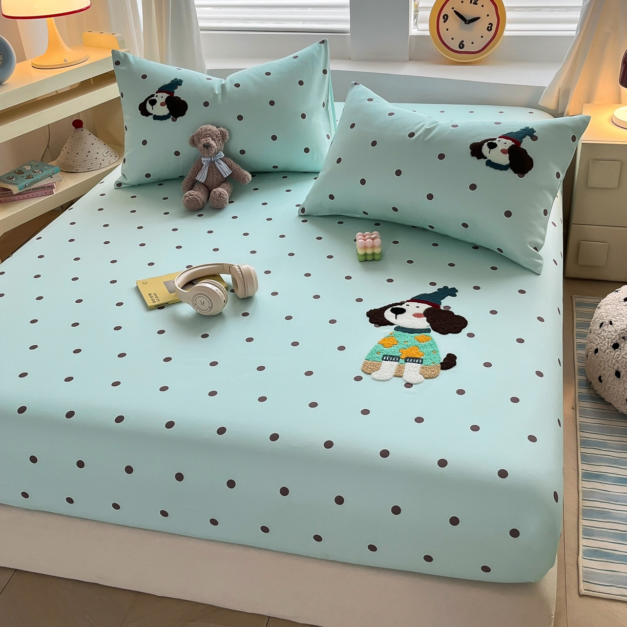 91家纺网 家纺一手货源 找家纺 其奥家纺 2026春夏新款纯棉全棉老粗布床笠印花凉席 欢乐狗-蓝黑点