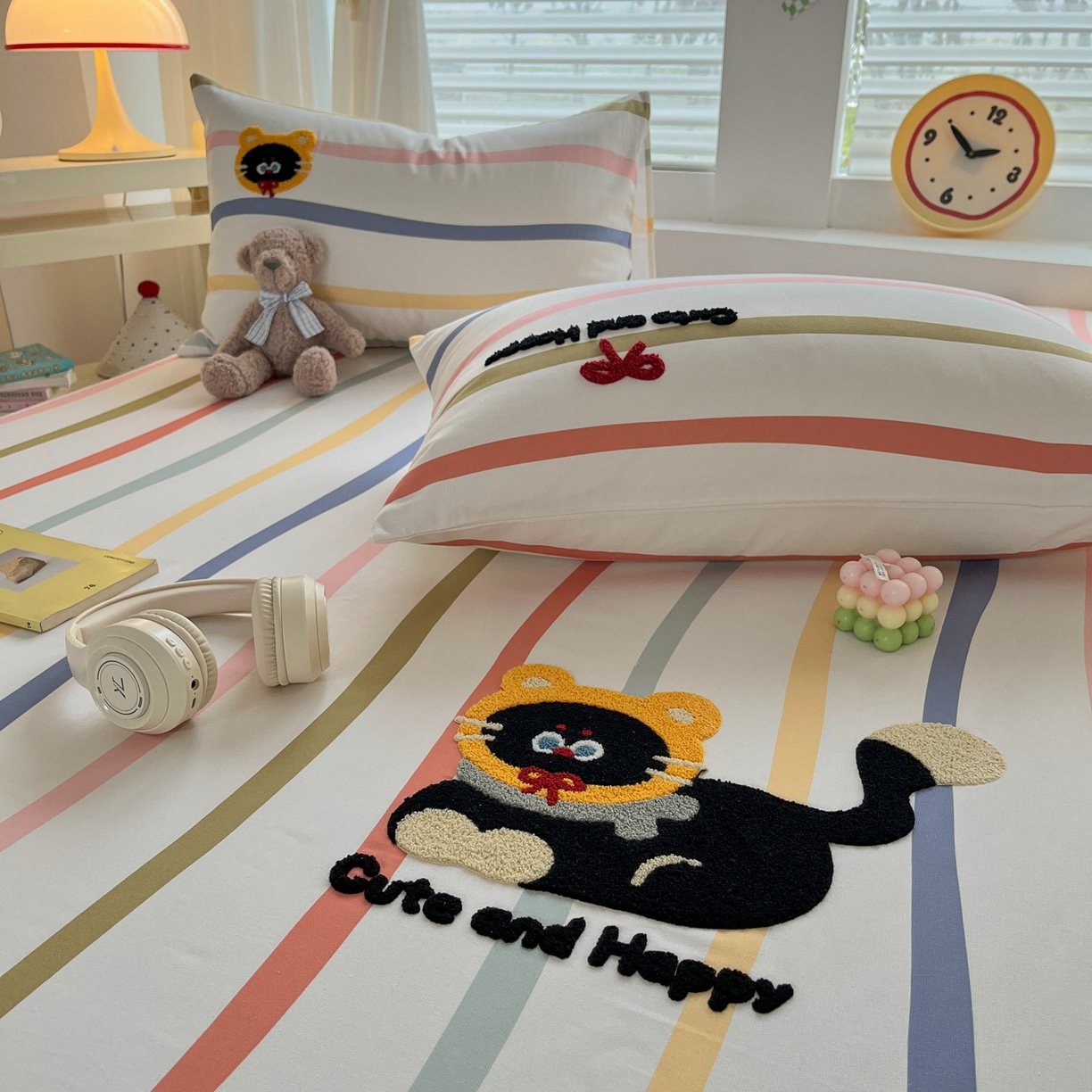 91家纺网 家纺一手货源 找家纺 其奥家纺 2026春夏新款纯棉全棉老粗布床笠印花凉席 乖乖猫-彩条