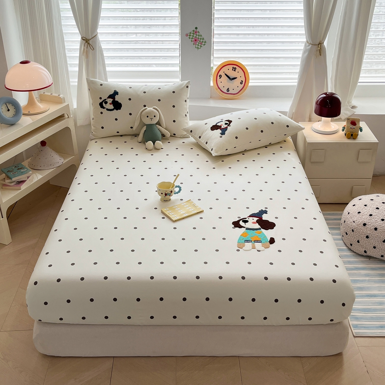 91家纺网 家纺一手货源 找家纺 其奥家纺 2026春夏新款纯棉全棉老粗布床笠印花凉席 欢乐狗-黑白点