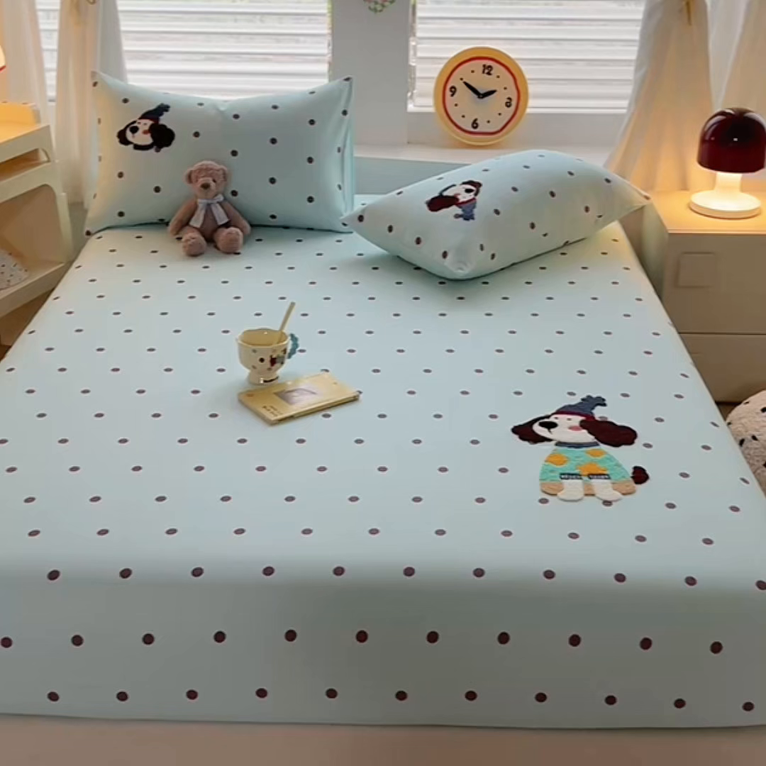 91家纺网 家纺一手货源 找家纺 其奥家纺 2026春夏新款纯棉全棉老粗布床笠印花凉席 欢乐狗-蓝黑点