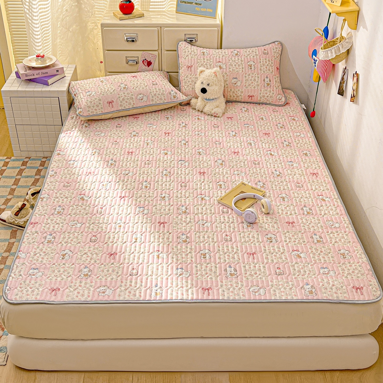 91家纺网 家纺一手货源 找家纺 川悦生活 2026春夏新款凉感丝凉席凉席席子 粉格甜汪