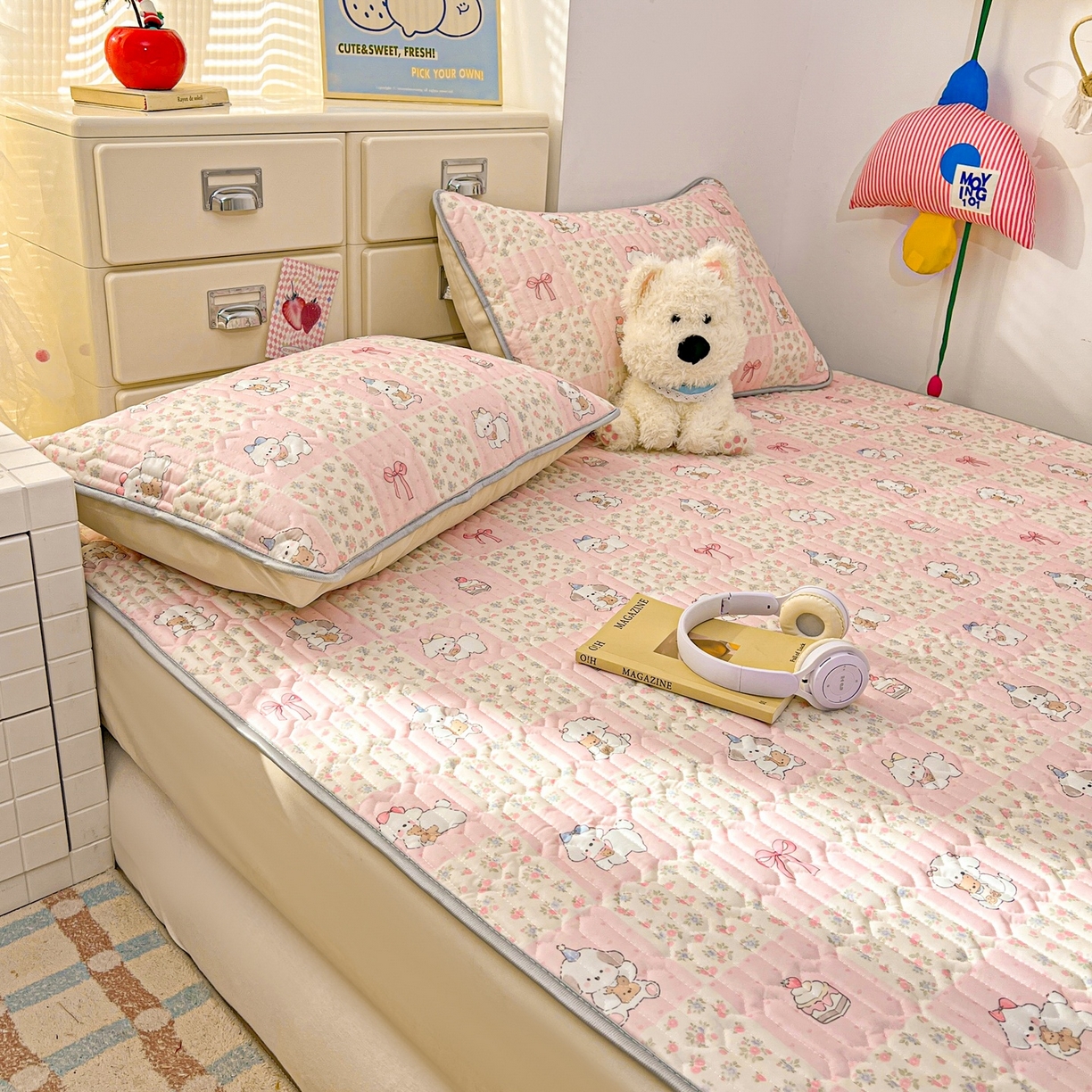 91家纺网 家纺一手货源 找家纺 川悦生活 2026春夏新款凉感丝凉席凉席席子 粉格甜汪