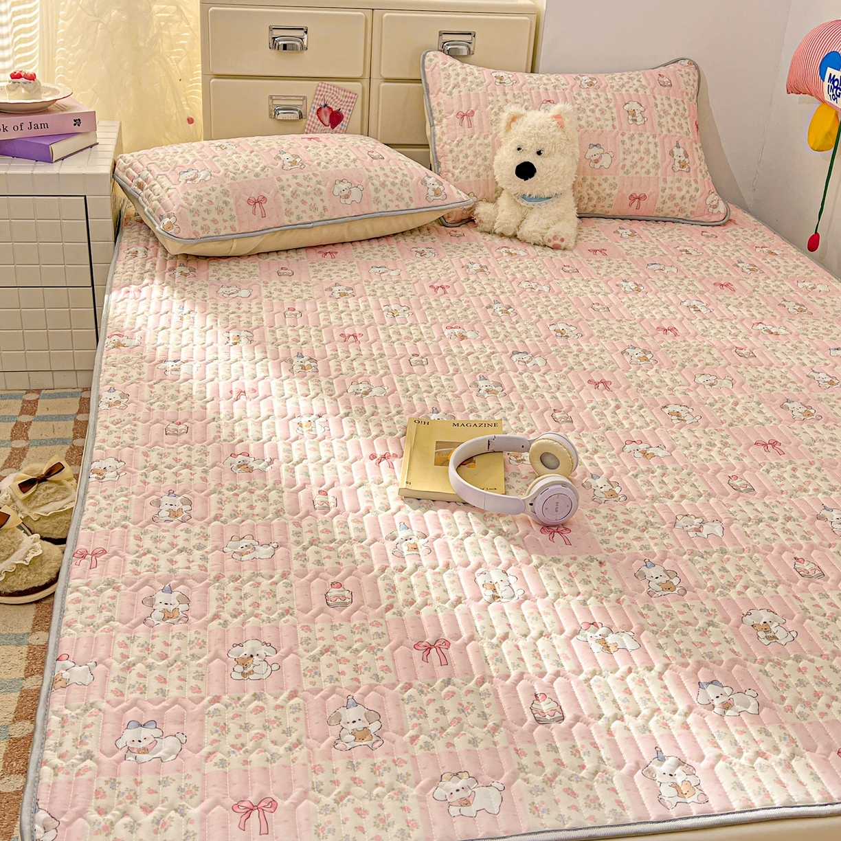 91家纺网 家纺一手货源 找家纺 川悦生活 2026春夏新款凉感丝凉席凉席席子 粉格甜汪