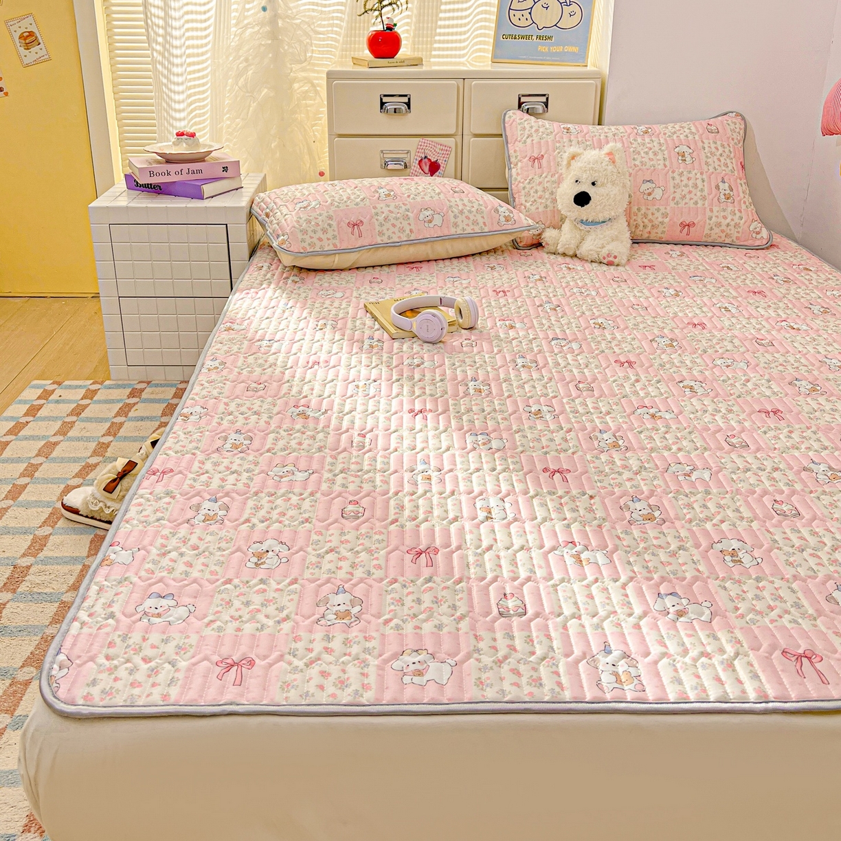 91家纺网 家纺一手货源 找家纺 川悦生活 2026春夏新款凉感丝凉席凉席席子 粉格甜汪