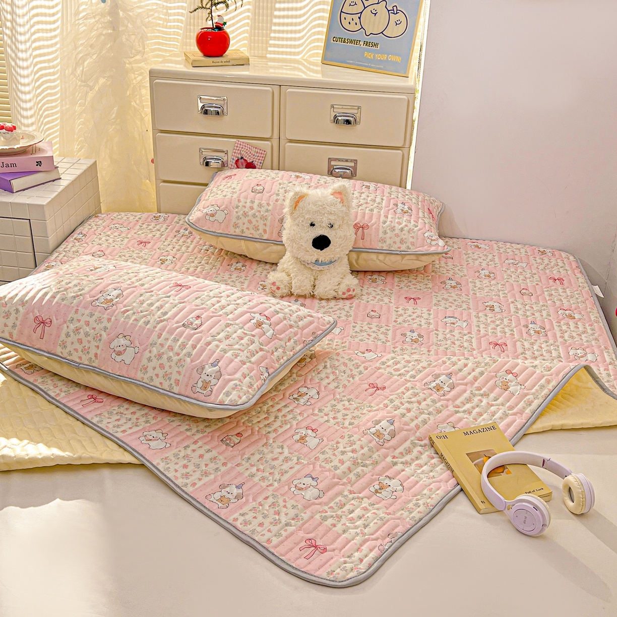 91家纺网 家纺一手货源 找家纺 川悦生活 2026春夏新款凉感丝凉席凉席席子 粉格甜汪