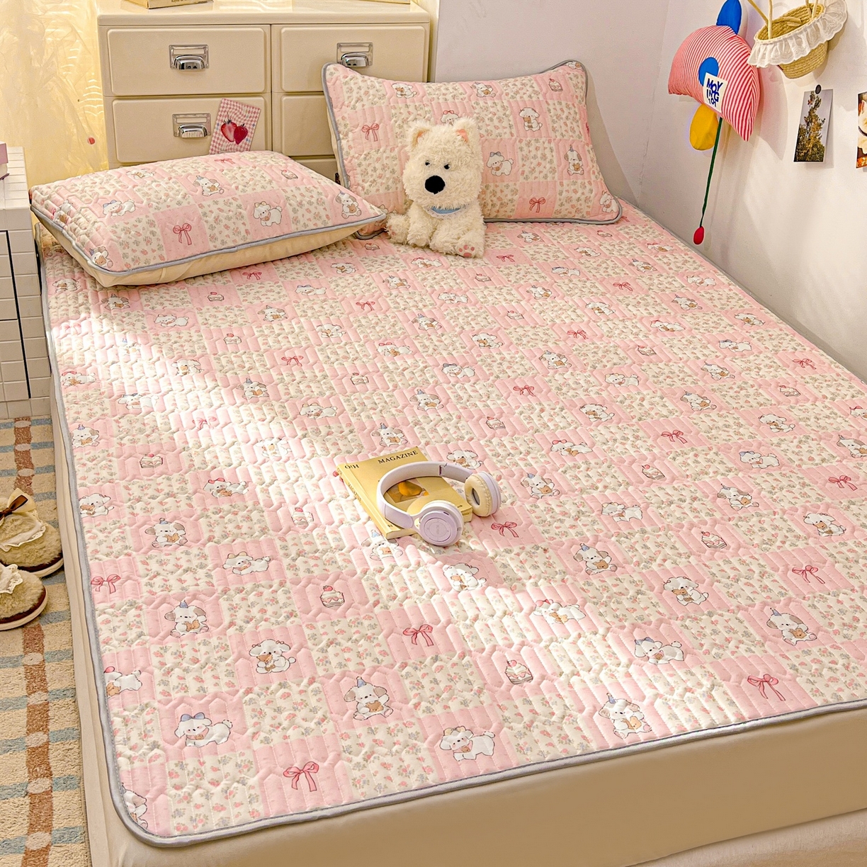 91家纺网 家纺一手货源 找家纺 川悦生活 2026春夏新款凉感丝凉席凉席席子 粉格甜汪