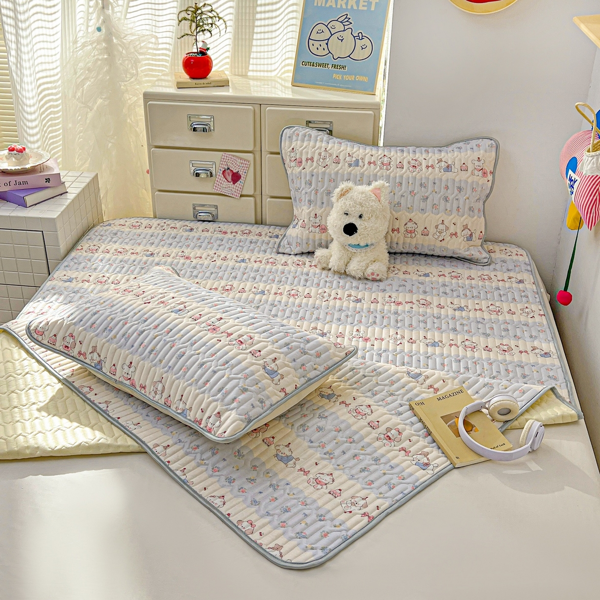 91家纺网 家纺一手货源 找家纺 川悦生活 2026春夏新款凉感丝凉席凉席席子 蓝甜萌宠