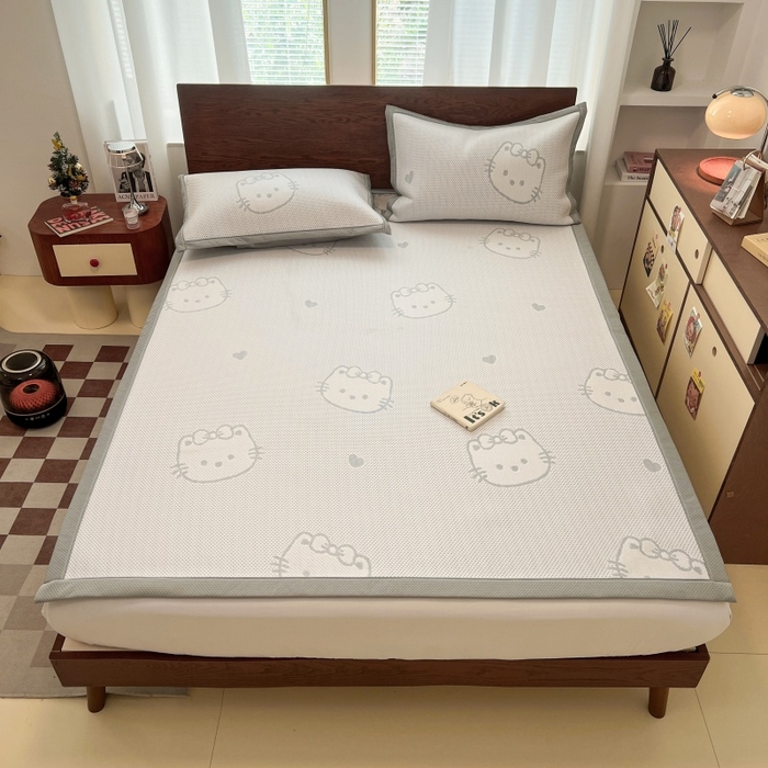 91家纺网 家纺一手货源 找家纺 川悦生活 2026新款PE凉感提花豆豆席平铺款三件套 爱心猫咪-月白