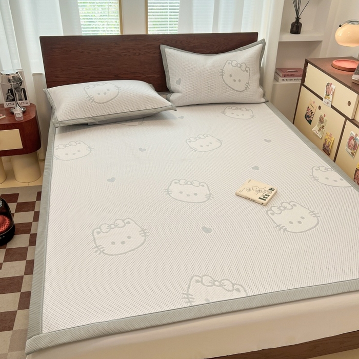 91家纺网 家纺一手货源 找家纺 川悦生活 2026新款PE凉感提花豆豆席平铺款三件套 爱心猫咪-月白