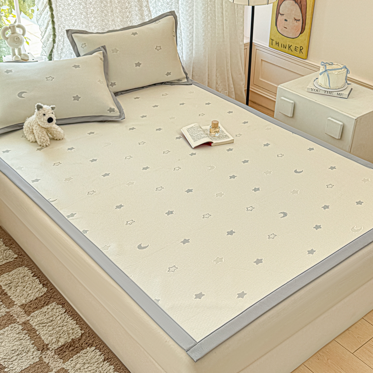 91家纺网 家纺一手货源 找家纺 川悦生活 2026新款PE凉感提花豆豆席平铺款三件套 奶油星月