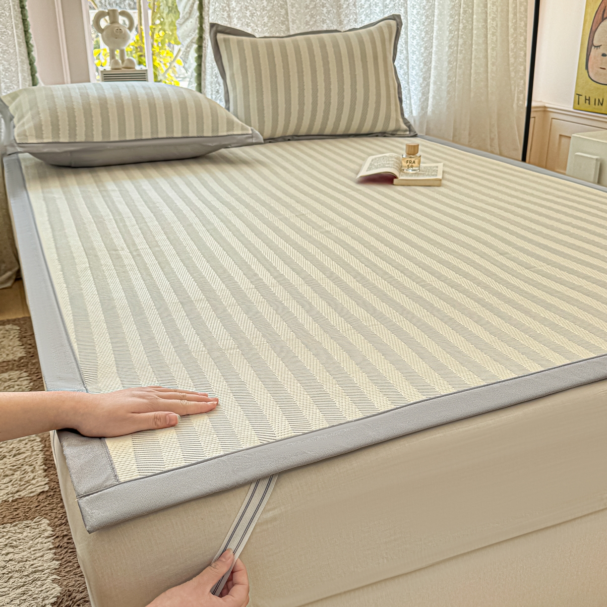 91家纺网 家纺一手货源 找家纺 川悦生活 2026新款PE凉感提花豆豆席平铺款三件套 甜心-月灰