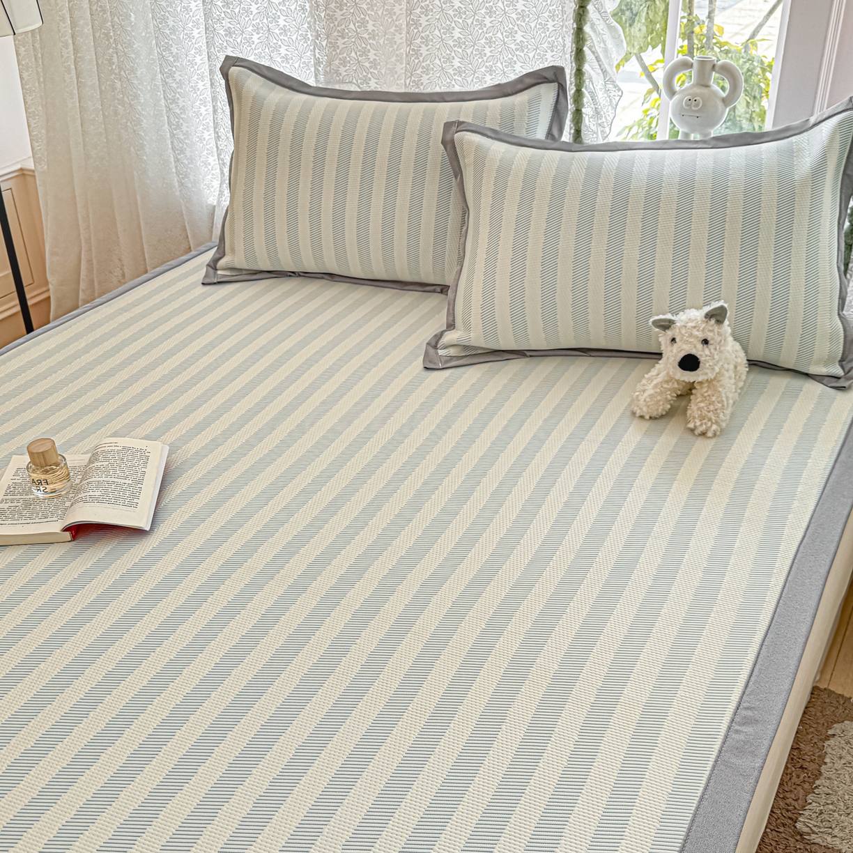 91家纺网 家纺一手货源 找家纺 川悦生活 2026新款PE凉感提花豆豆席平铺款三件套 甜心-水蓝