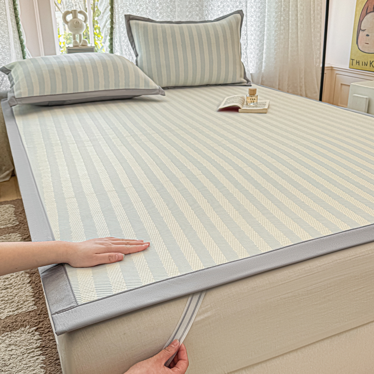 91家纺网 家纺一手货源 找家纺 川悦生活 2026新款PE凉感提花豆豆席平铺款三件套 甜心-水蓝