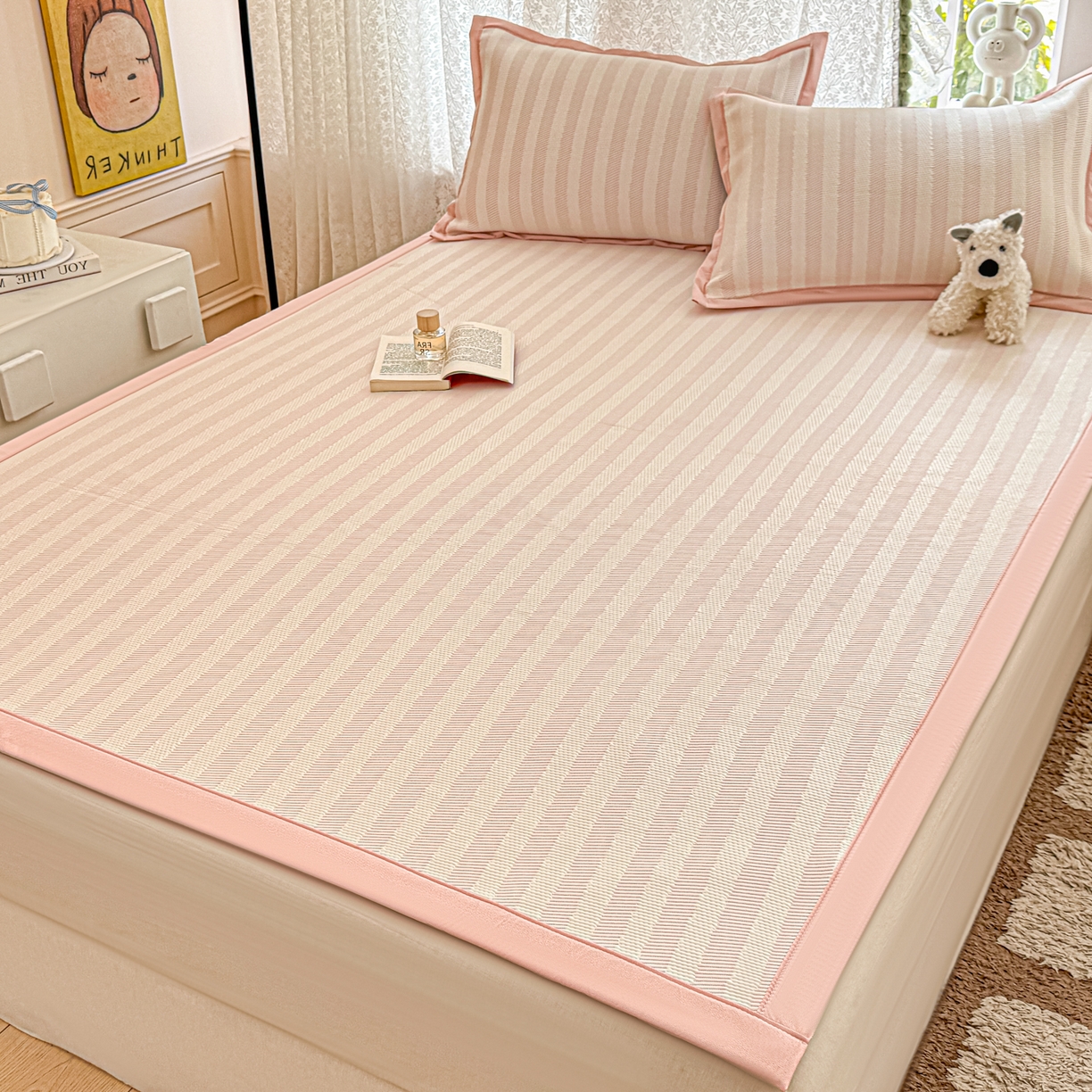 91家纺网 家纺一手货源 找家纺 川悦生活 2026新款PE凉感提花豆豆席平铺款三件套 甜心-奶粉