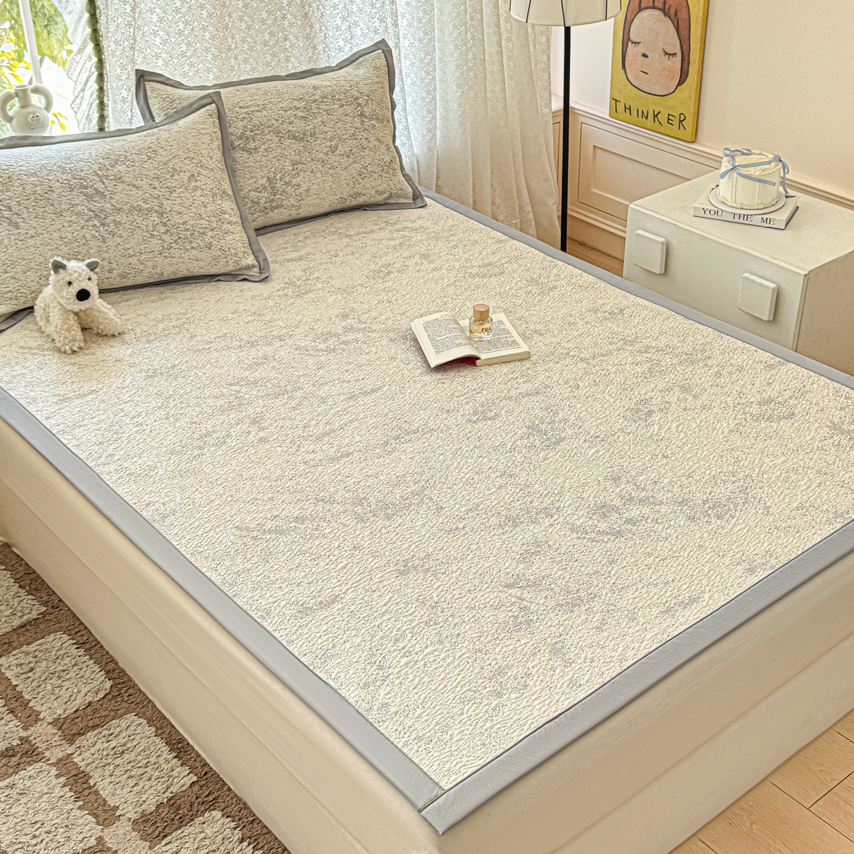 91家纺网 家纺一手货源 找家纺 川悦生活 2026新款PE凉感提花豆豆席平铺款三件套 尼尔-星灰