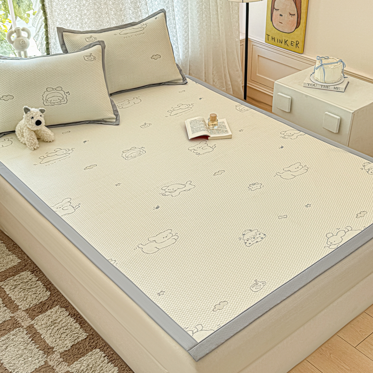 91家纺网 家纺一手货源 找家纺 川悦生活 2026新款PE凉感提花豆豆席平铺款三件套 朴朴小旺