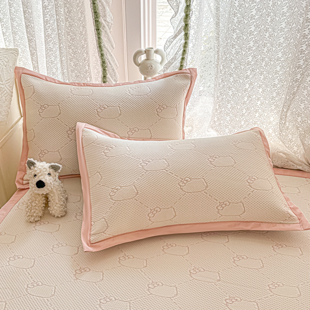 91家纺网 家纺一手货源 找家纺 川悦生活 2026新款PE凉感提花豆豆席平铺款三件套 甜心奶猫