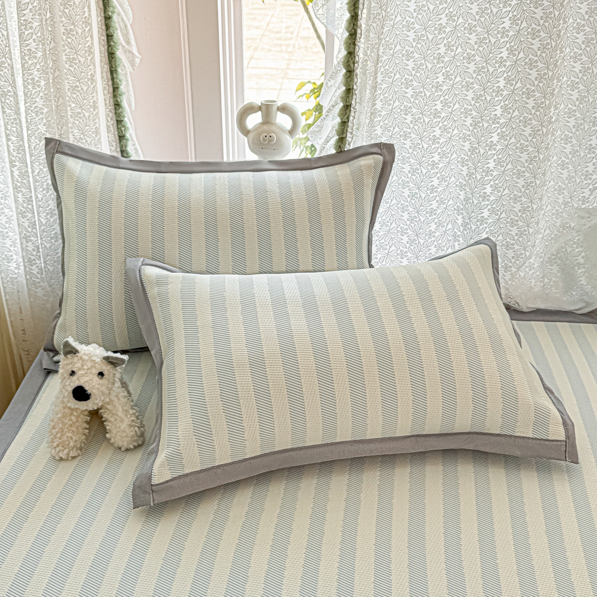 91家纺网 家纺一手货源 找家纺 川悦生活 2026新款PE凉感提花豆豆席平铺款三件套 甜心-水蓝