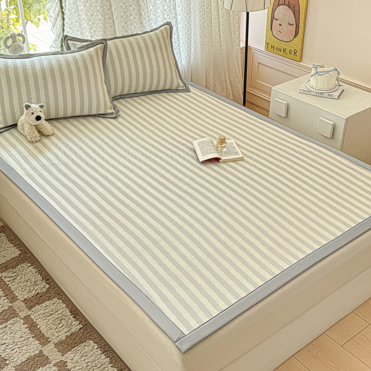 91家纺网 家纺一手货源 找家纺 川悦生活 2026新款PE凉感提花豆豆席平铺款三件套 甜心-月灰