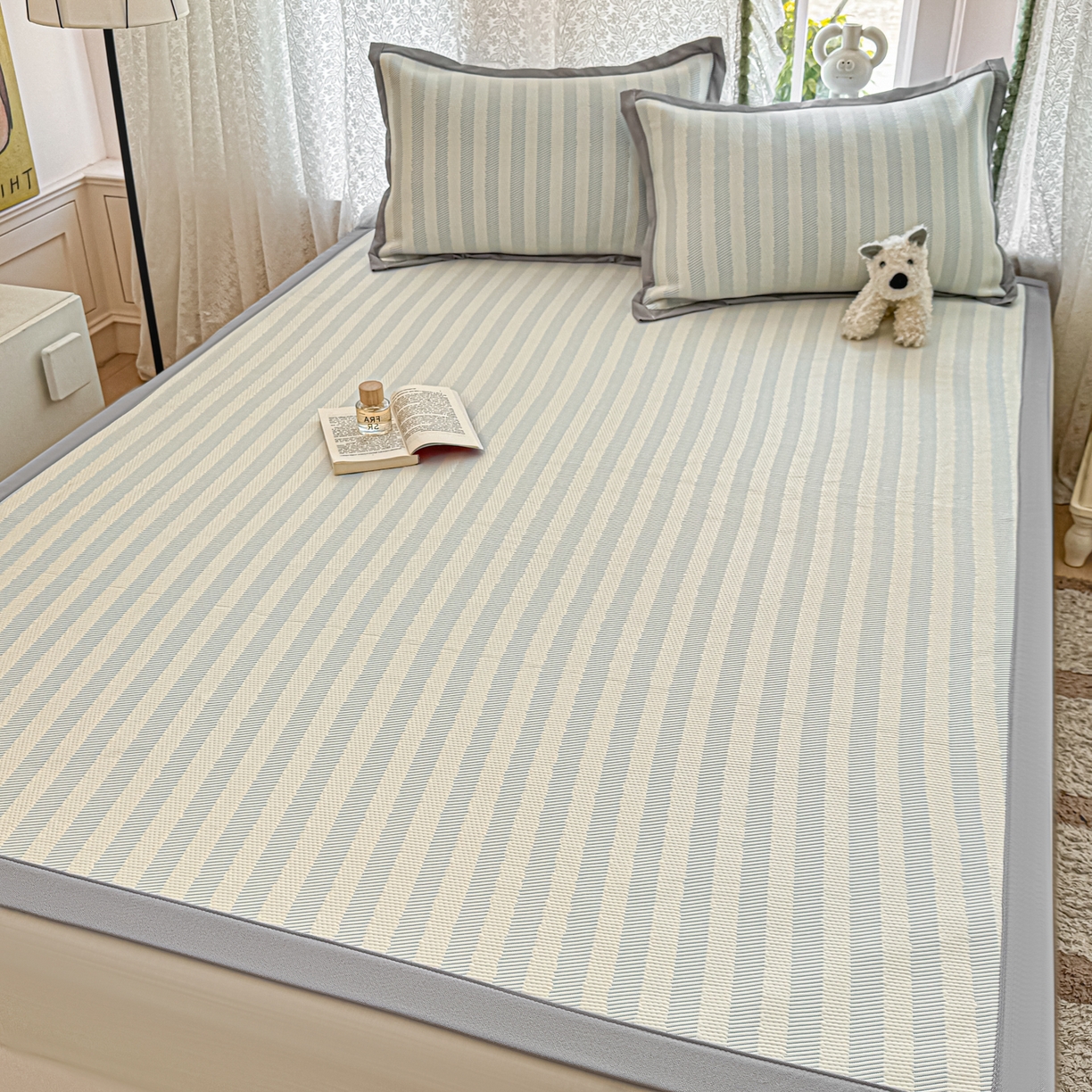 91家纺网 家纺一手货源 找家纺 川悦生活 2026新款PE凉感提花豆豆席平铺款三件套 甜心-水蓝