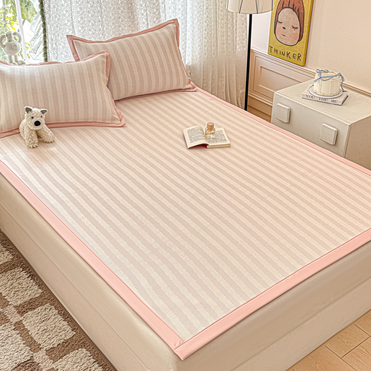 91家纺网 家纺一手货源 找家纺 川悦生活 2026新款PE凉感提花豆豆席平铺款三件套 甜心-奶粉