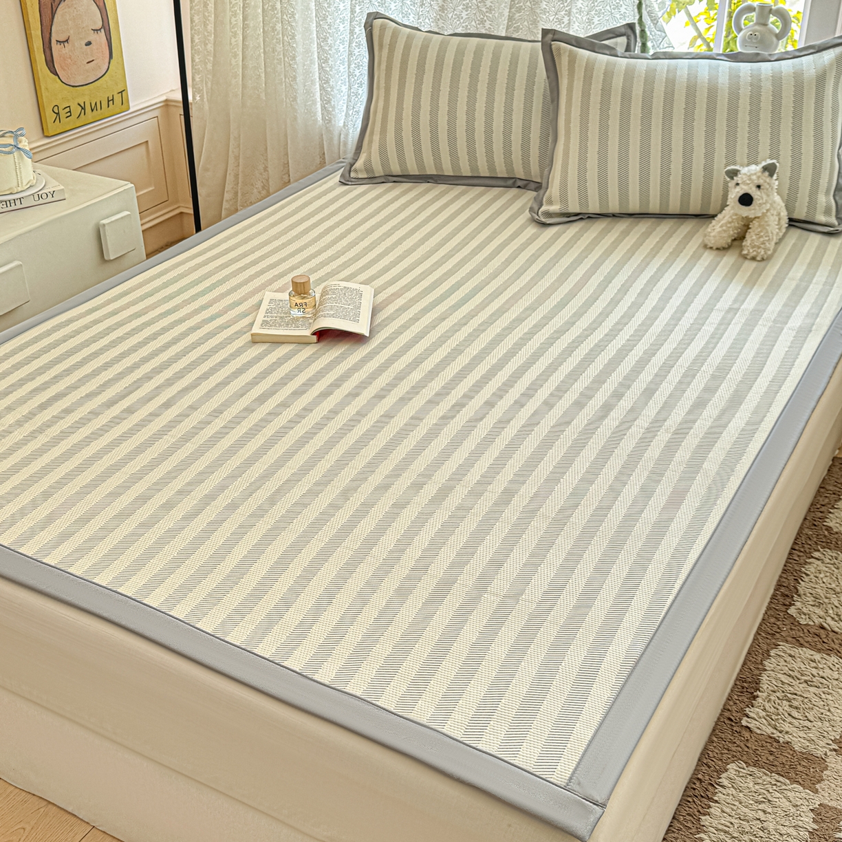 91家纺网 家纺一手货源 找家纺 川悦生活 2026新款PE凉感提花豆豆席平铺款三件套 甜心-月灰