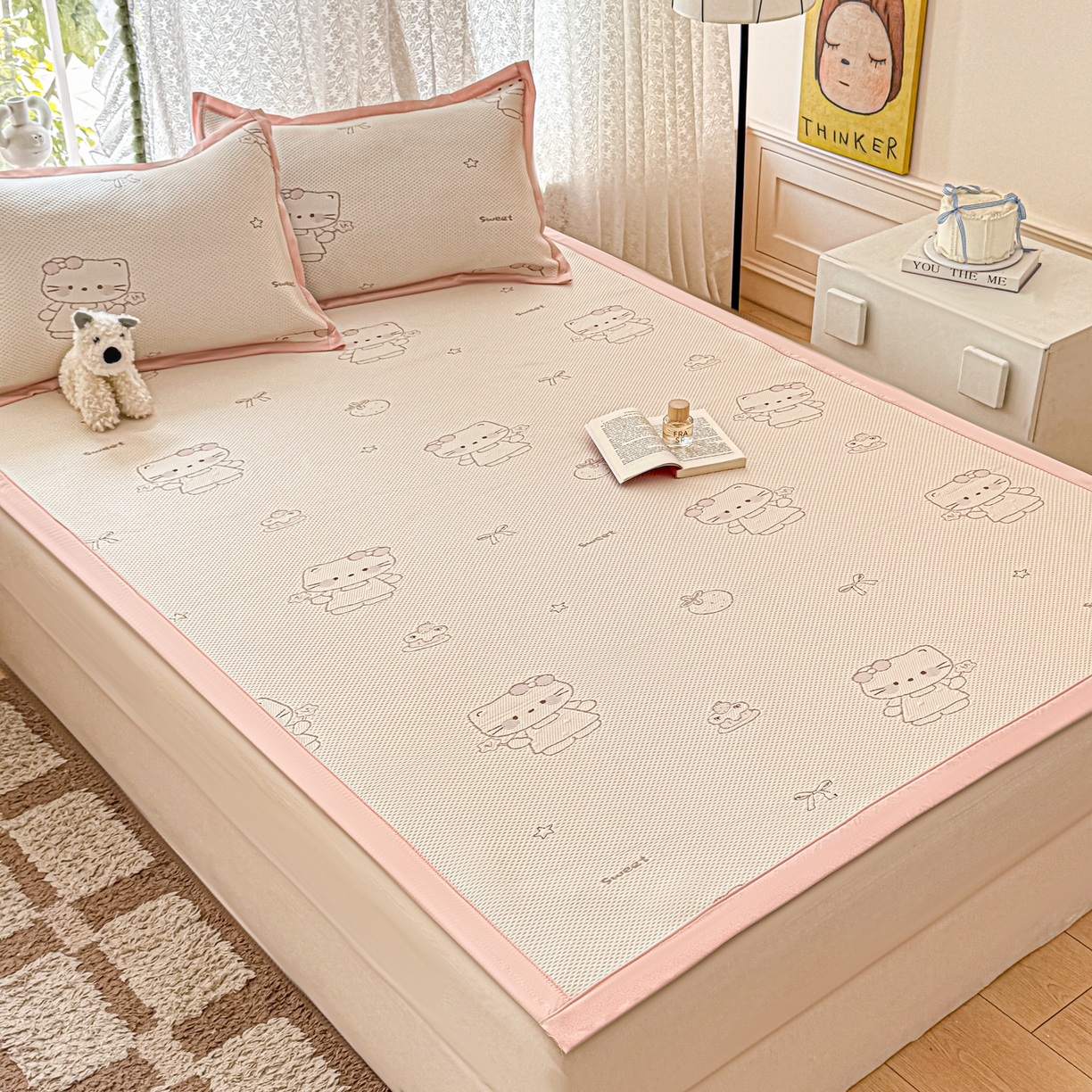 91家纺网 家纺一手货源 找家纺 川悦生活 2026新款PE凉感提花豆豆席平铺款三件套 星花小猫