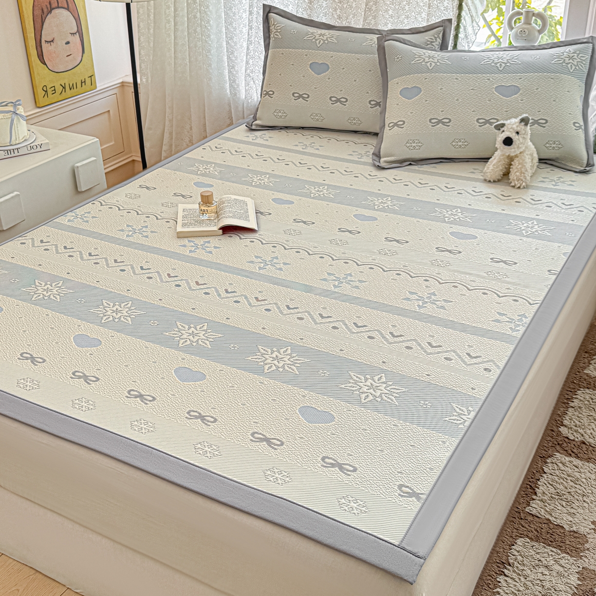 91家纺网 家纺一手货源 找家纺 川悦生活 2026新款PE凉感提花豆豆席平铺款三件套 费尔冰雪