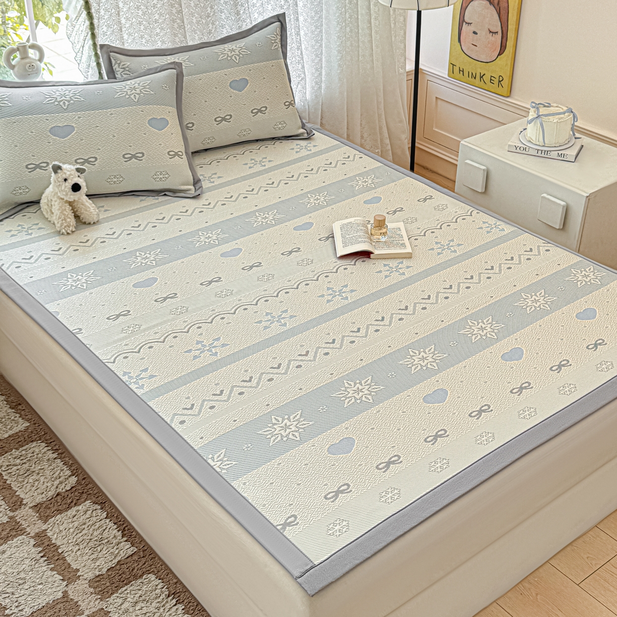 91家纺网 家纺一手货源 找家纺 川悦生活 2026新款PE凉感提花豆豆席平铺款三件套 费尔冰雪