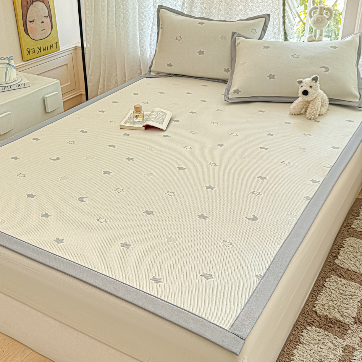 91家纺网 家纺一手货源 找家纺 川悦生活 2026新款PE凉感提花豆豆席平铺款三件套 奶油星月