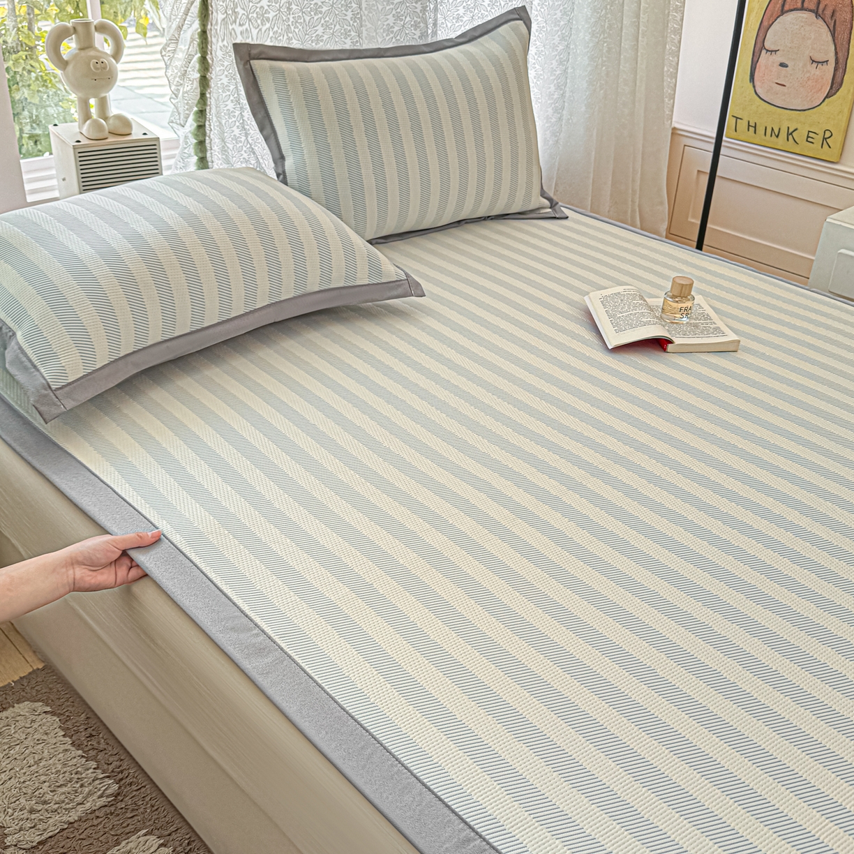 91家纺网 家纺一手货源 找家纺 川悦生活 2026新款PE凉感提花豆豆席平铺款三件套 甜心-水蓝